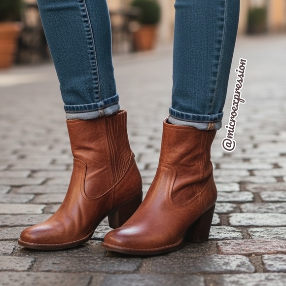 Frye Shoes - Frye Lucinda Scrunch Real Cognac Brown Leather Stretchy Heeled Short Ankle Boot